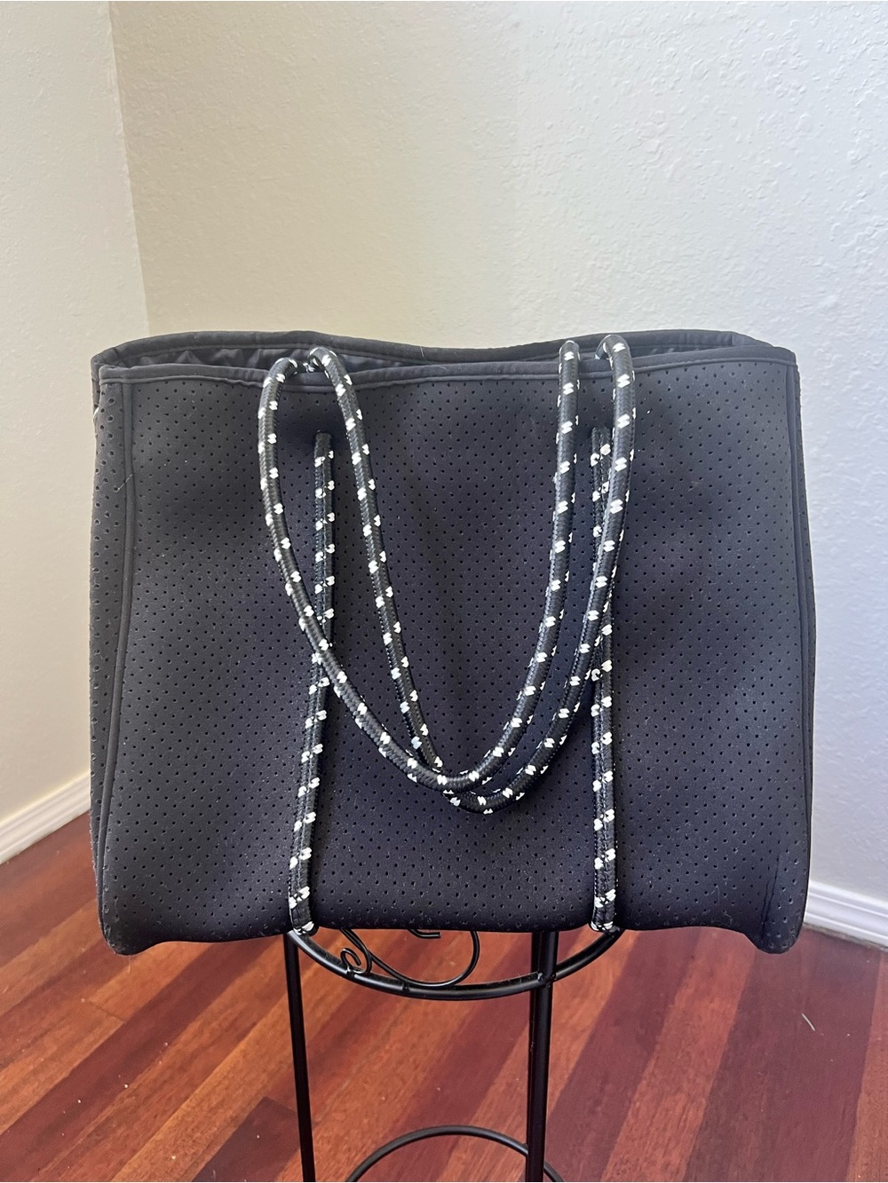 Black Perforated Neoprene Tote Bag with Rope Handles